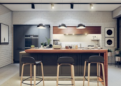 MInimal rustic kitchen | rendering 3D - frontal night view