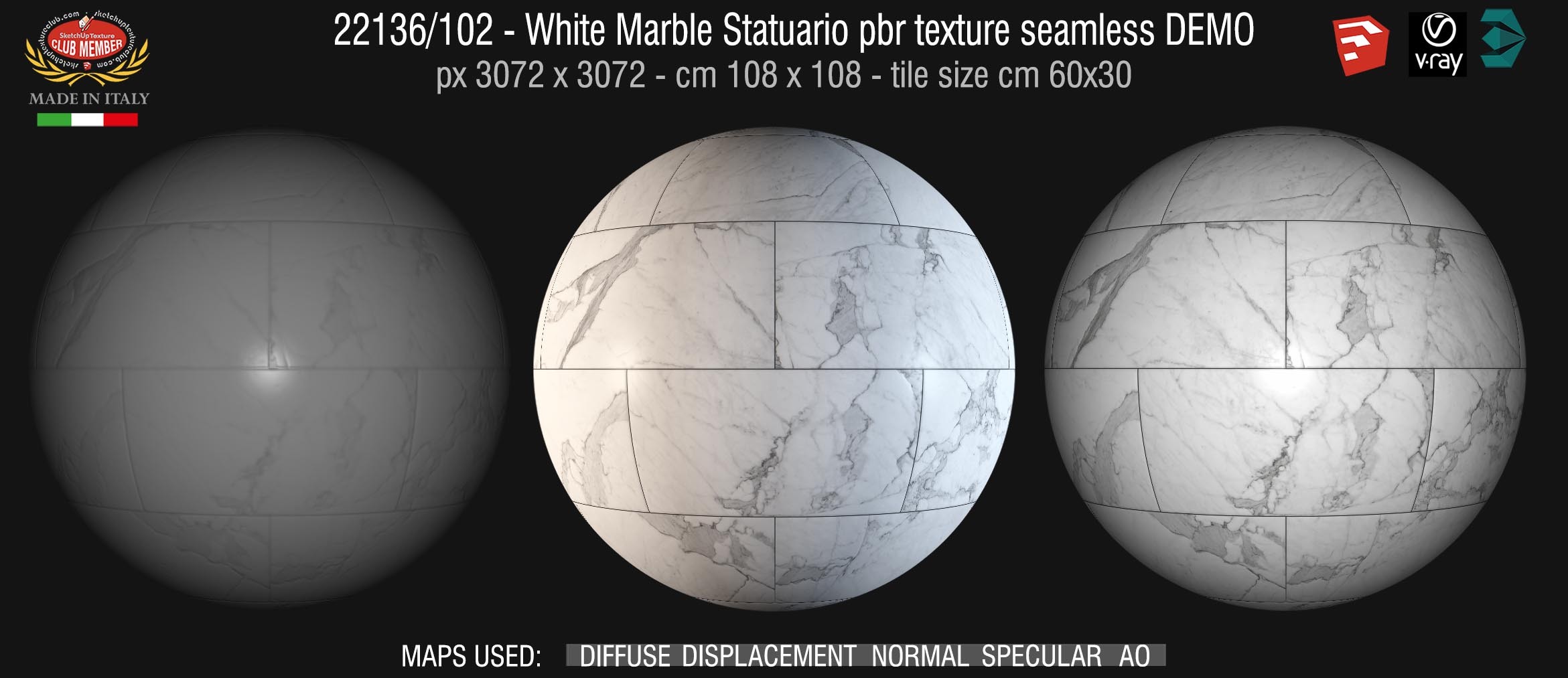 22136/102 White Marble Statuario pbr texture seamless DEMO - Tile size cm 60x30