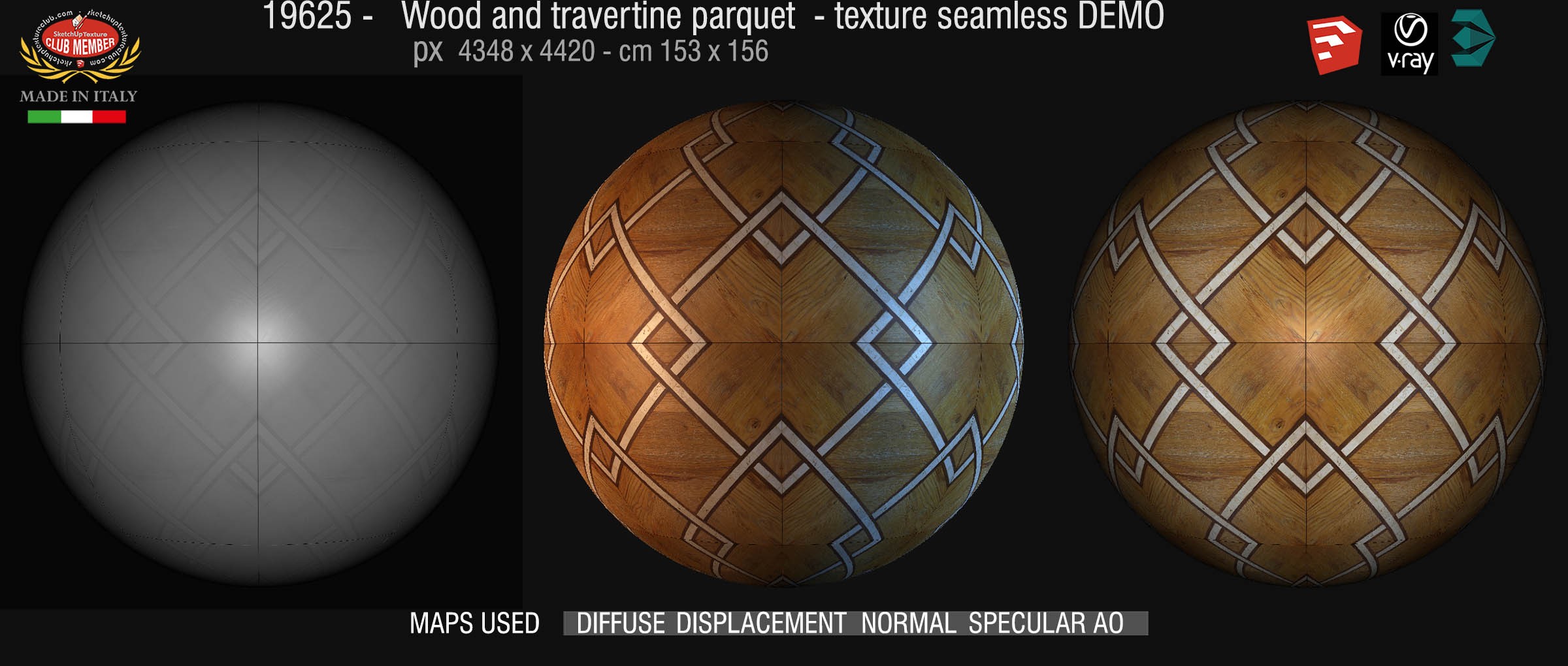 19625 Wood and travertine parquet geomteric pattern texture seamless + maps DEMO