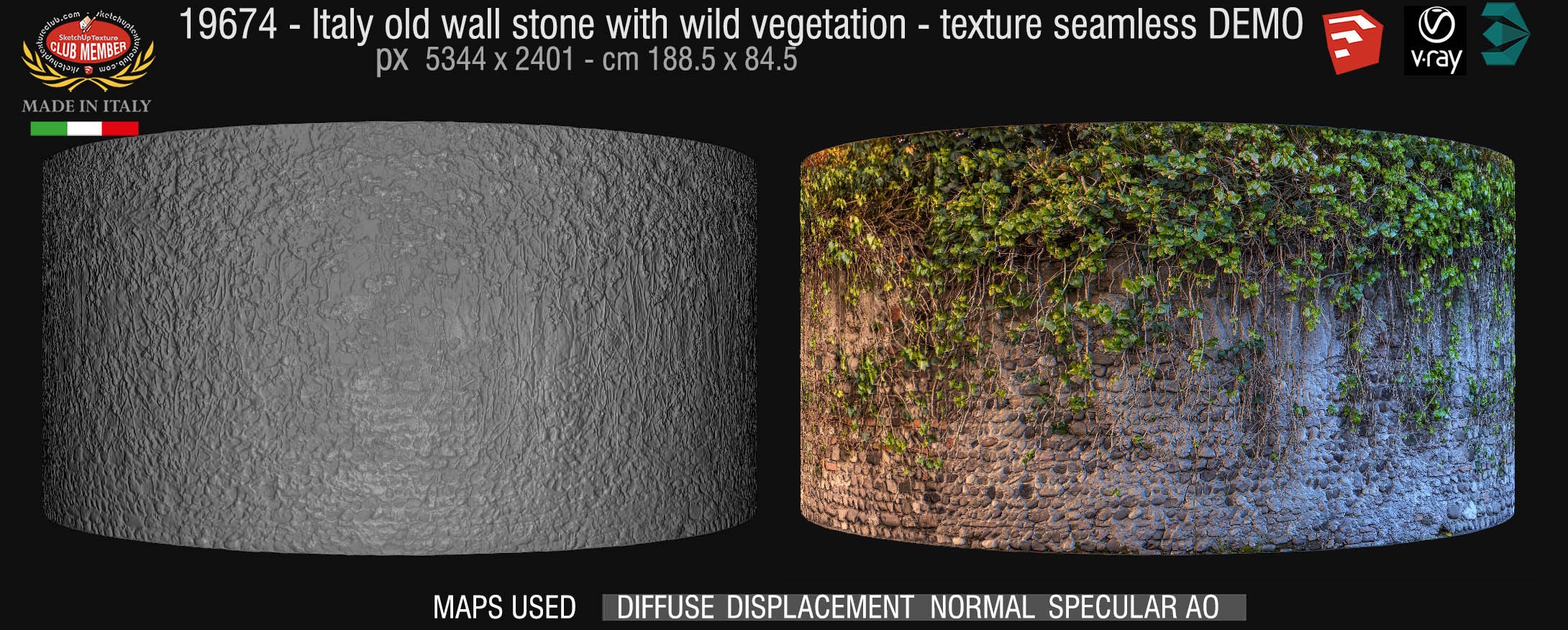 Italy old wall stone with wild vegetation + maps DEMO