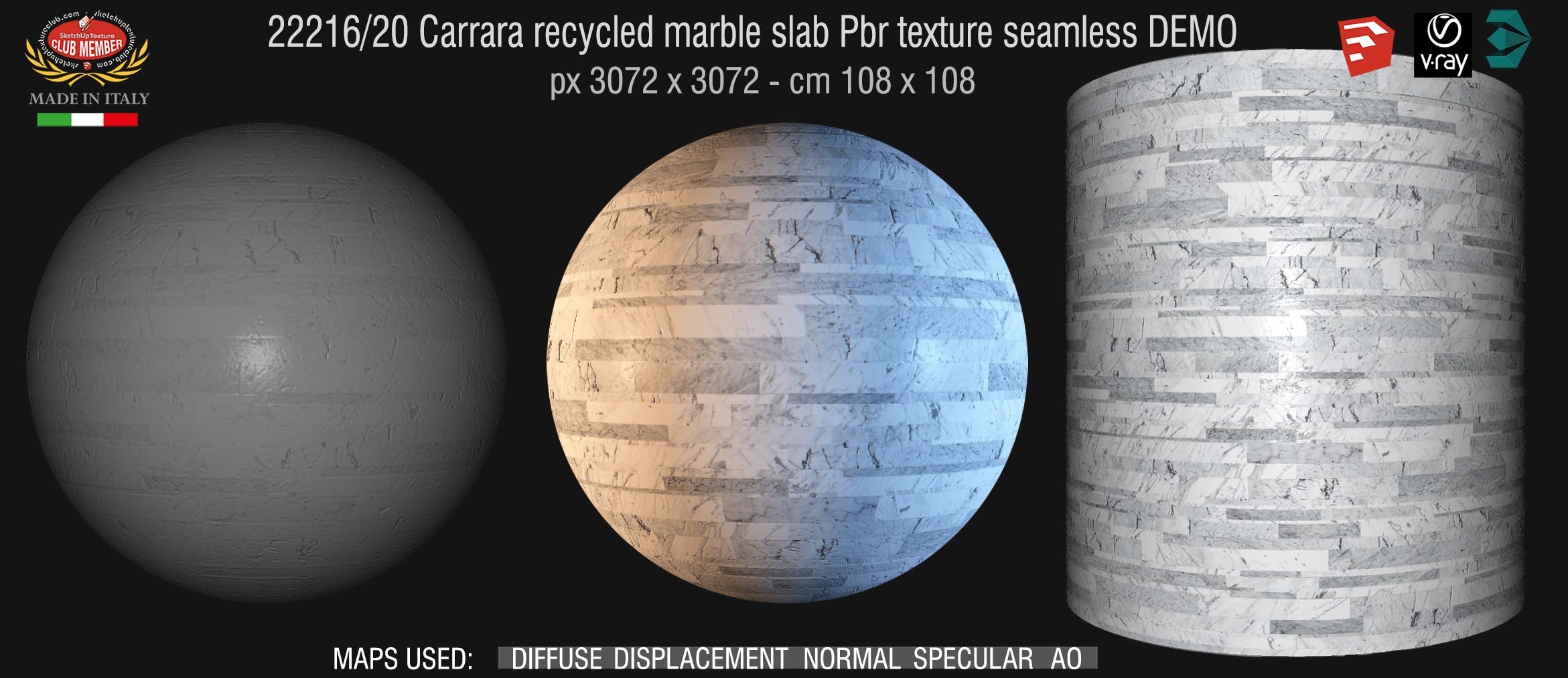 22216_20 Carrara recycled marble slab Pbr texture seamless DEMO / Materials within an eco-sustainable cycle: the left over pieces deriving from the processing of marble and natural stone , are recycled and assembled in slabs