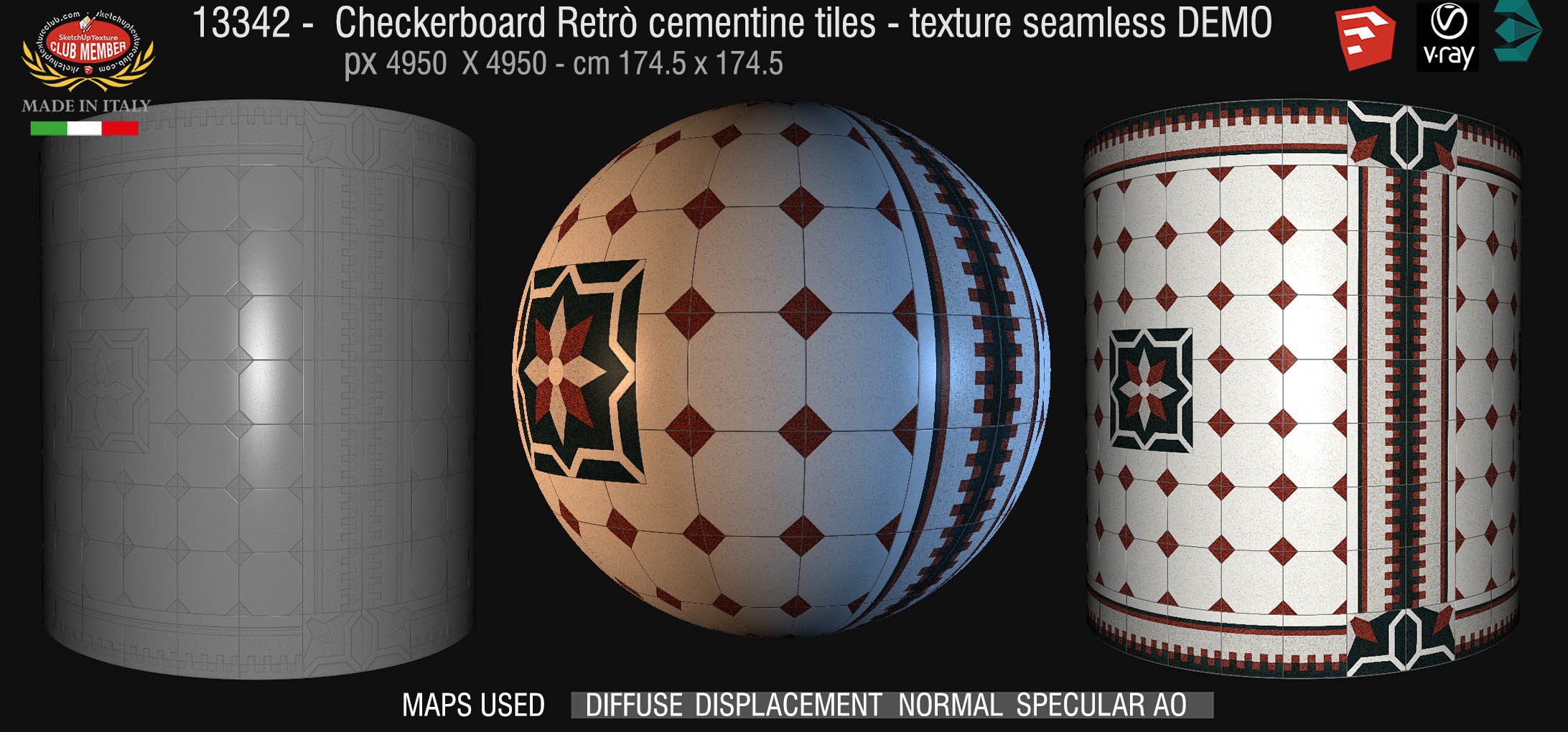 13342 Checkerboard retrò cementine tiles - texture seamless + maps DEMO