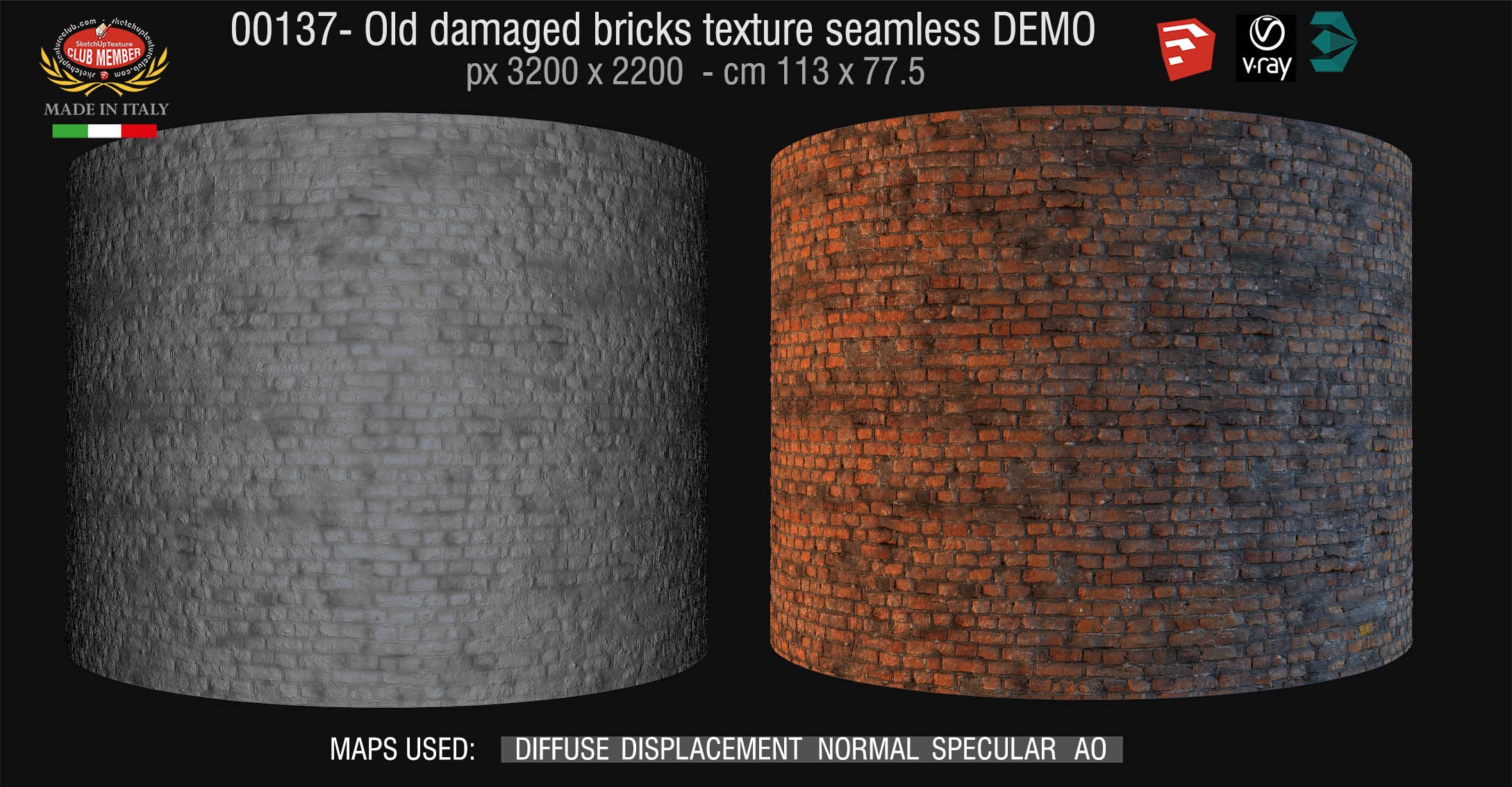 00137 HR Damaged bricks texture seamless + maps DEMO