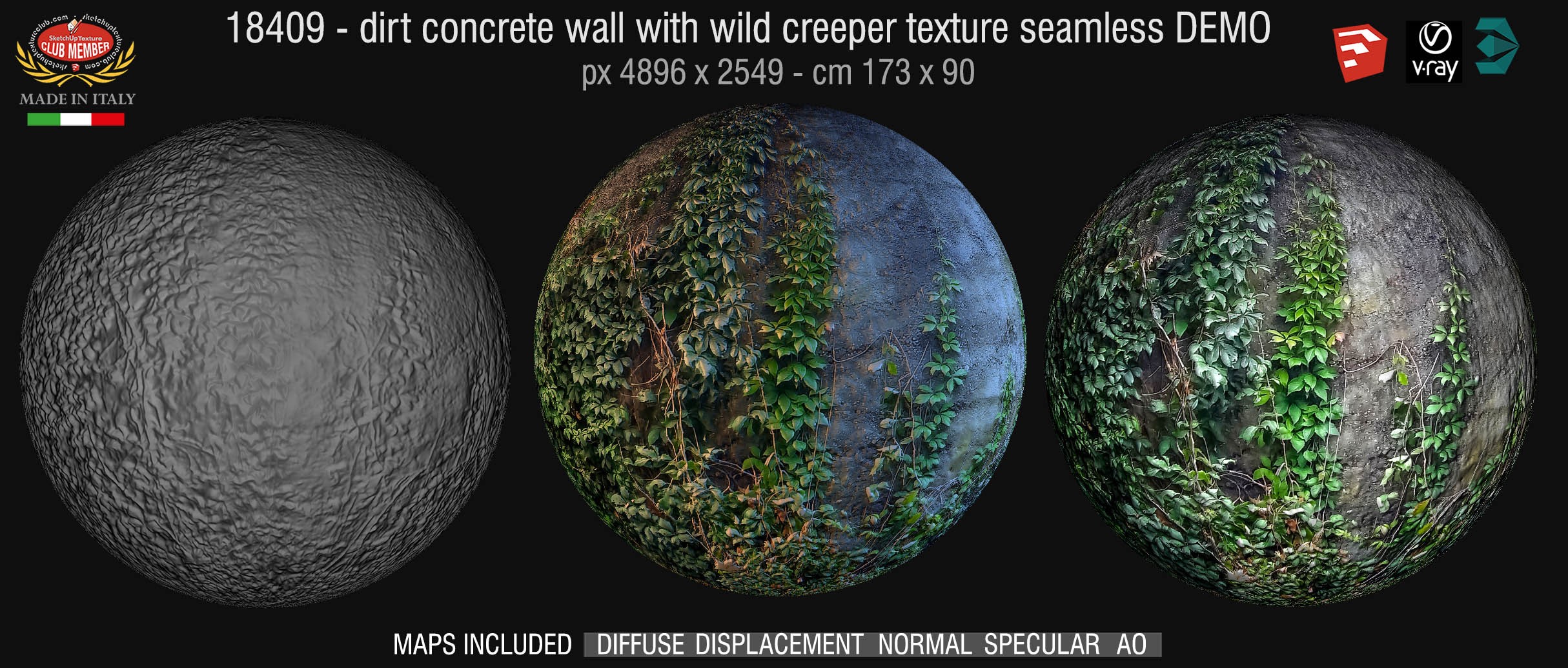 19272 Dirt concrete plates wall with wild creeper texture horizontal seamless + maps DEMO