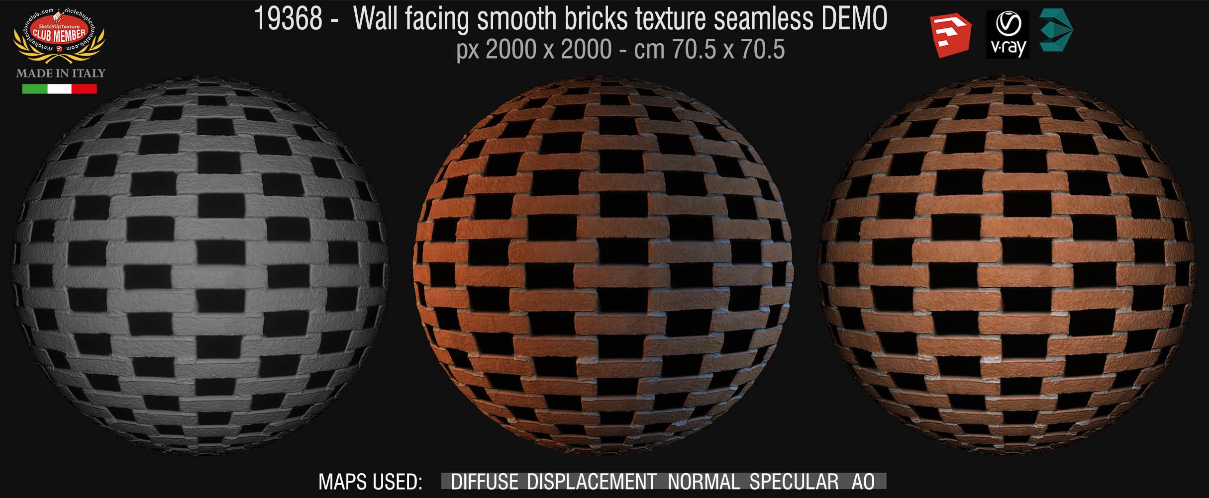 19638 Wall facing smooth bricks texture seamless + maps DEMO