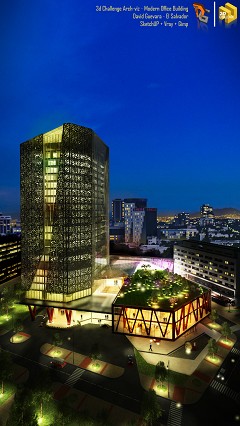 MODERN OFFICE BUILDING - David Guevara | Night Escene | SketchUP+Vray+Gimp 2